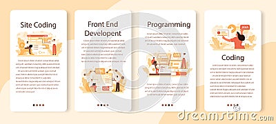 Website development mobile application banner set. Support and development Cartoon Illustration