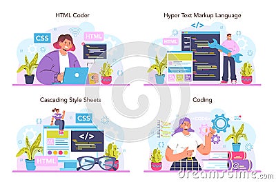 Website development set. HTML coding process. Digital specialist Vector Illustration