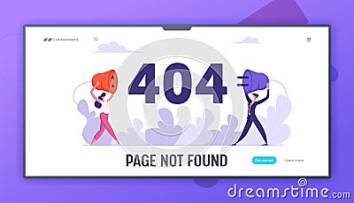 Website Error 404 Page with Business Characters Holding Wire Plug Socket. Page Not Found Template, Broken Internet Vector Illustration