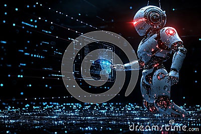 A website features a cute robot assistant or chatbot on a dark background, prominently displaying large eyes. Created Stock Photo