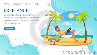 Man working remotely while lying on hammock at summer resort. Convenient schedule of work, freelance Stock Photo