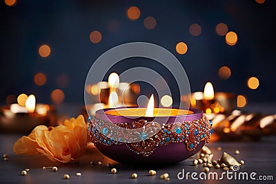 Website header or banner Diwali Festival celebration.Diya lamps with candles adorned Stock Photo