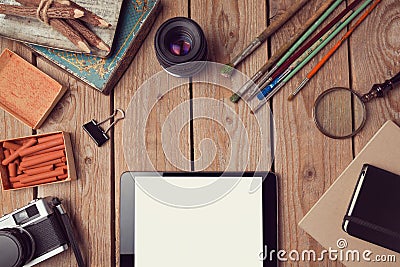 Website header design with digital tablet and creative vintage objects. Stock Photo