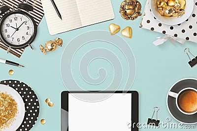 Website header design with digital tablet and feminine glamour objects over blue background Stock Photo