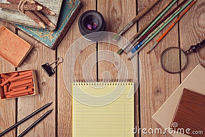Website header design with notebook page and creative vintage objects. Stock Photo