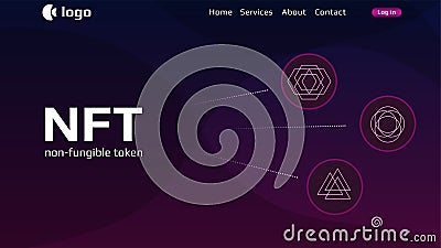 Website header template for NFT nonfungible tokens with simple infographics unique coins on dark background. Vector Illustration