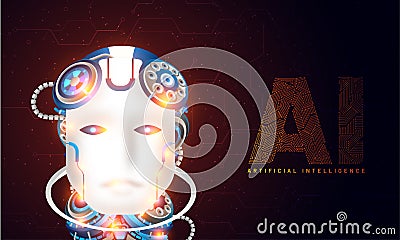 Website hero banner design, illustration of humanoid robotic face with AI text made by computer generated digital structure. Cartoon Illustration