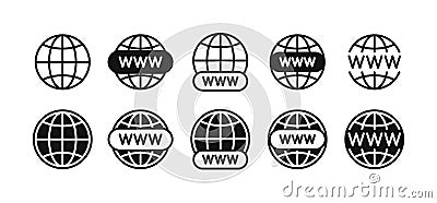 Website icon set with World globe. WWW icons with Earth globe sign. Vector Illustration