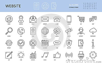 Website icons. Vector editable stroke icon. Home email address world info call search user service. Security contact print mobile Vector Illustration