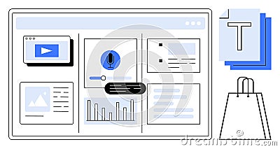 Website interface design with multimedia content icons including video, audio, text, and data analytics charts Vector Illustration