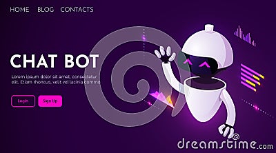 Website landing home page with robot. Chatbot or AI concept. Modern android. Chat bot banner template. Web banner design Vector Illustration