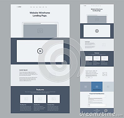 Website landing page design for business. One page site wireframe layout template. Modern flat UX/UI site development. Vector Illustration