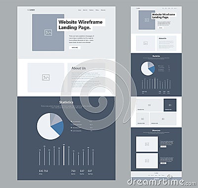 Website landing page design for business. One page site wireframe layout template. Modern flat UX/UI site development. Vector Illustration