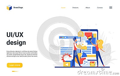 Ui UX design landing page, creators construct mobile application, develop wireframe Vector Illustration