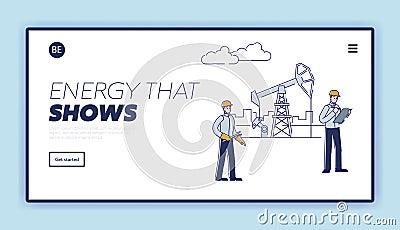 Website Landing Page. Manager And Worker Check And Service Of Work Oil And Rig Plant Vector Illustration