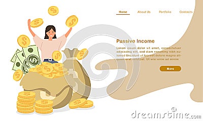 Website landing page template cartoon piles of coin bill and people cheering with coutless passive income Vector Illustration