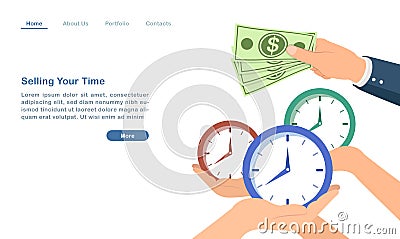 Website landing page template cartoon selling time work as salaried man to make money concept Vector Illustration