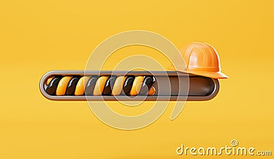 Website loading bar with builder hard hat. Page under construction. 3D Rendering Stock Photo