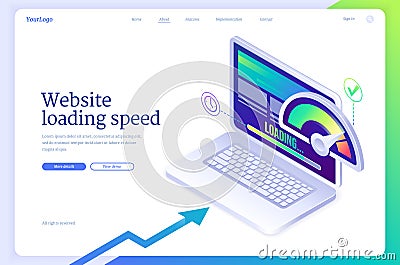Website loading speed isometric landing page. Vector Illustration