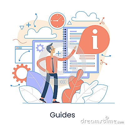 Website menu help concept. Online guides. Support landing page sections. Frequently asked Questions. Metaphor contact us. Help Vector Illustration