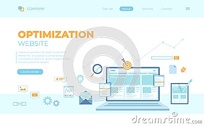 Website Optimization, Analysis, Content writing, Keywording, Reporting, Design, SEO, Links building. Website template Vector Illustration