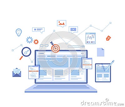Website Optimization, Analysis, Content writing, Keywording, Reporting, Design, SEO, Links building. Website template on the lapto Vector Illustration