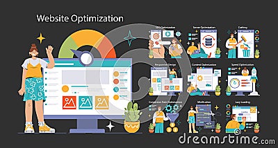 Website Optimization dark or night mode set. Expert showcasing strategies Cartoon Illustration