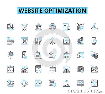 Website optimization linear icons set. Analytics, Conversion, Keywords, Content, Rankings, Meta, Caching line vector and Vector Illustration