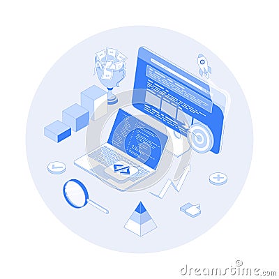 Website Optimization, Search Engine Optimization, SEO strategy. Web analytics, management and marketing. Keywording Vector Illustration