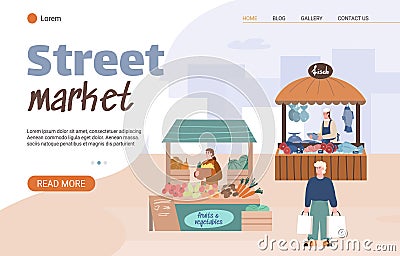 Website page for local farm street market, cartoon vector illustration. Vector Illustration