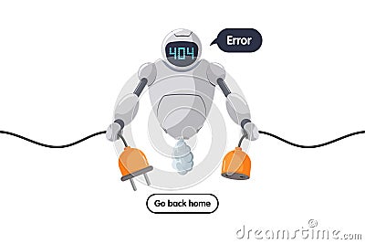 Website page not found. Wrong URL address error 404. Broken robot character keeps socket off. Site crash on technical Stock Photo