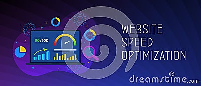 Website Page Speed Optimization concept. Laptop with high values point accelerometer. Web site Loading Time image for Vector Illustration