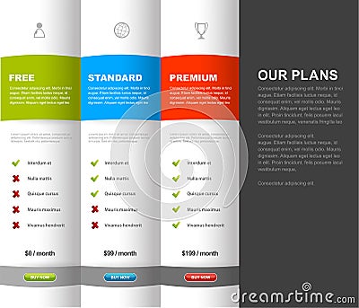 Website product pricing comparison table template with 3 options. Vector Illustration