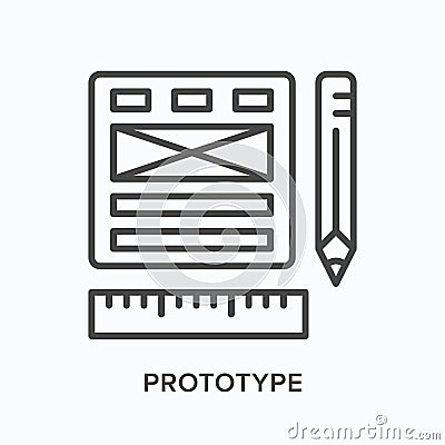 Website prototype flat line icon. Vector outline illustration of application layout with pencil and ruler . Software Vector Illustration