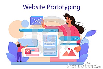 Website prototyping. Web page modeling, interface development Vector Illustration