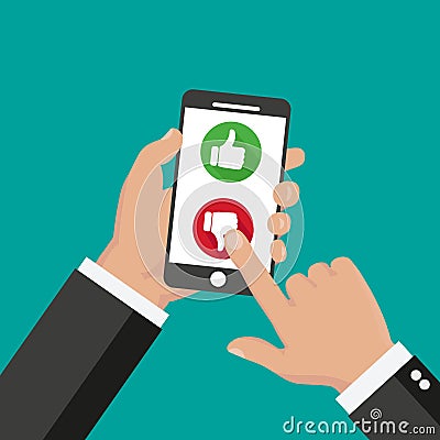 Website rating feedback and review concept. Hand holding and pointing to a smartphone with like and dislike Stock Photo
