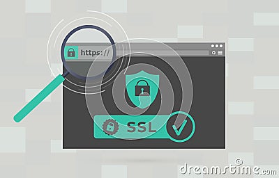 Website with safe https SSL certificate encryption. Browser window with HyperText Transfer Protocol Secure url in web Vector Illustration