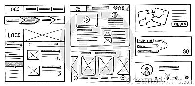 Website sketch. Hand drawn wireframe UI UX nuttins mockup of web page layout, UI elements and buttons, UX wireframed Stock Photo