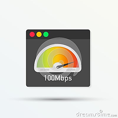 Website speed loading time. Web browser with speedometer test showing fast good page loading speed time. Vector illustration. Vector Illustration
