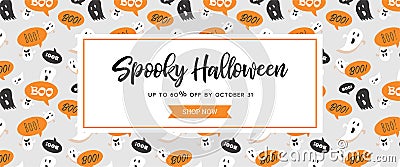 Website spooky header or banner with Halloween scary ghosts. Great for banner, voucher, offer, coupon, holiday sale. Vector Illustration