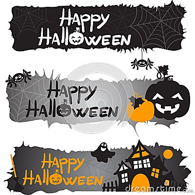 Website spooky header with Halloween pumpkin and spider Vector Illustration