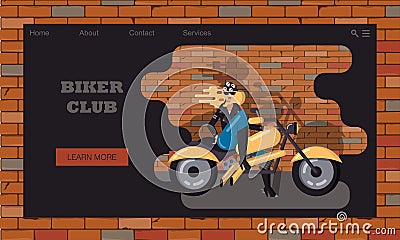 Website template of biker club for representatives o rocker subculture. Female biker posing on motorcycle against brick wall Vector Illustration