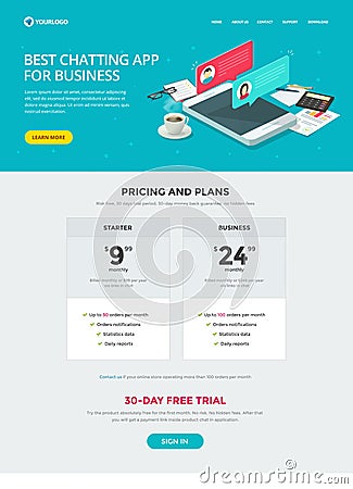 Website template design of chat messaging app for business vector layout or mockup, flat cartoon web site landing page Vector Illustration