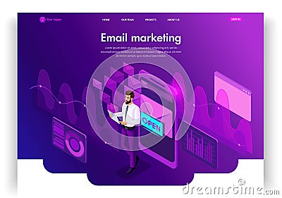 Website template design. Isometric concept Email Inbox Electronic Communication. E-mail marketing, marketing research Vector Illustration