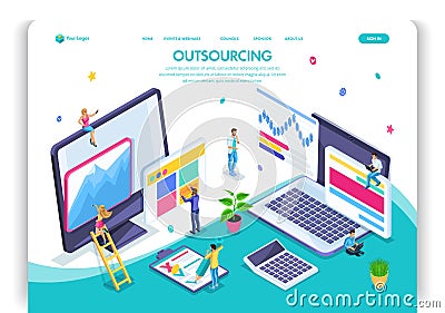 Website template design. Isometric concept Outsourcing. Hiring a remote employee, designer, programmer, copywriter Vector Illustration