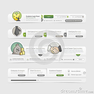 Website template design menu navigation elements with icons set. Vector Illustration