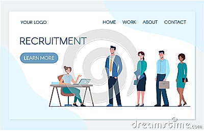 Website Template HR Department. Competition of people for work, queue for an interview. Men and women want to get a job Vector Illustration