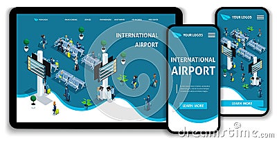 Website Template Landing page Isometric concept International Airport, Passengers in the lounge, business trip. Vector Illustration