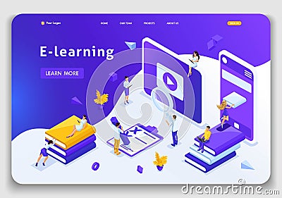 Website Template Landing page Isometric concept library, encyclopedia, e-learning, education, media library or web archive Vector Illustration