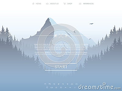 Website template with set of icons for landing page on natural landscape background with high mountain and forest. Vector Illustration